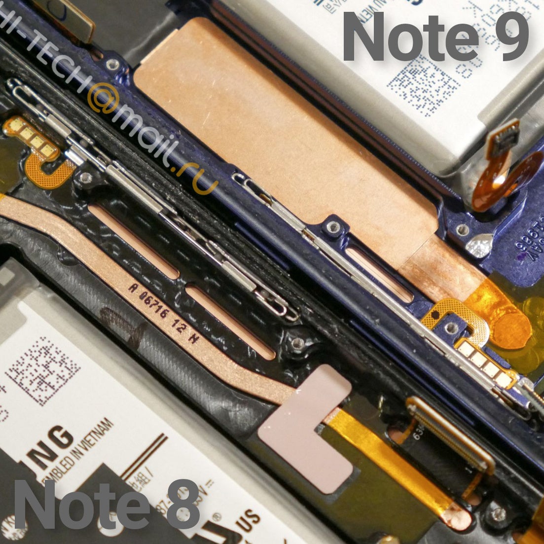 Note 9 vs Note 8 cooling systems, image courtesy of Hi Tech Mail Ru - World-first Samsung Galaxy Note 9 teardown shows huge water cooling system