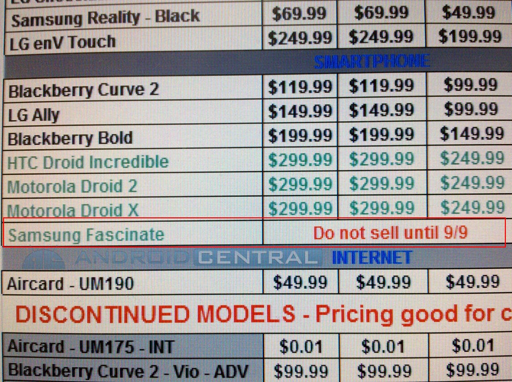 Leaked document pinpoints to the Samsung Fascinate launching on September 9th