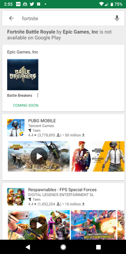 Search result in the Google Play Store warns Android users that Fortnite cannot be found there - Epic&#039;s Fortnite end run around the Play Store could cost Google more than $50 million this year