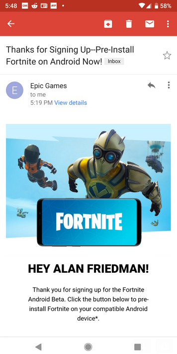 Request an invite for Fortnite from Epic Games and you'll receive an email with a pre-install for your phone - Android users can now request invites to sideload Fortnite; pre-install is sent via email