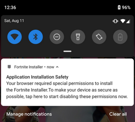 After you start sideloading the Fortnite APK onto your non-Samsung Android phone, Epic will remind you to rescind permissions that could leave your phone vulnerable to malware - Android users can now request invites to sideload Fortnite; pre-install is sent via email