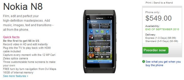 Nokia N8 is priced at $549 &amp; will be ready for the US by the end of September