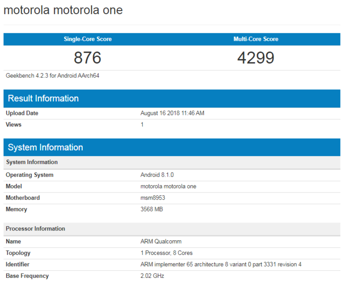 Motorola One shows up on benchmark confirming Snapdragon 625 and more