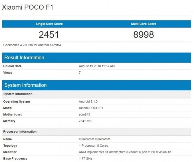 Xiaomi&#039;s Pocophone F1 with 8GB of RAM gets benchmarked ahead of unveiling