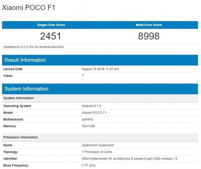 Xiaomi&#039;s Pocophone F1 with 8GB of RAM gets benchmarked ahead of unveiling