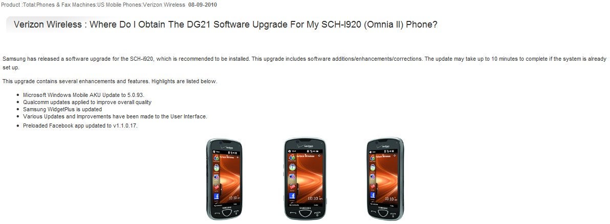 Verizon&#039;s Samsung Omnia II receives an unexpected software update