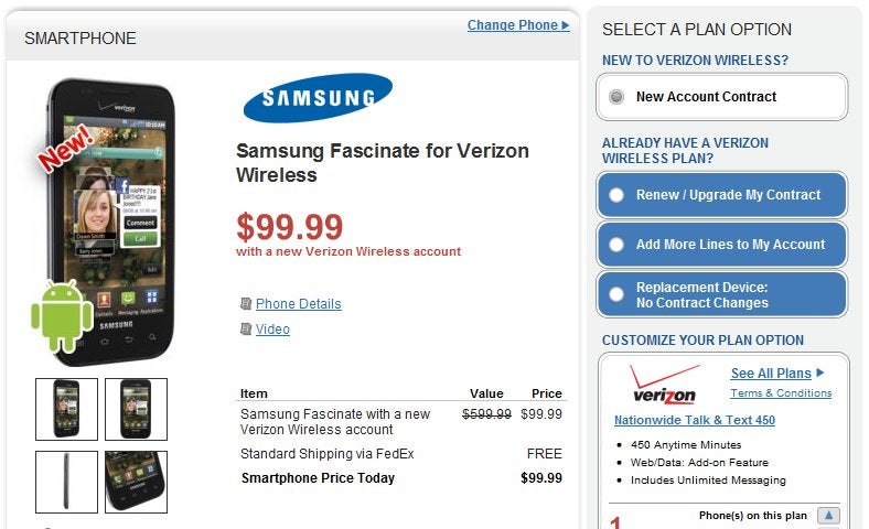 Wirefly quickly chops in half the price of the Samsung Fascinate to $99.99