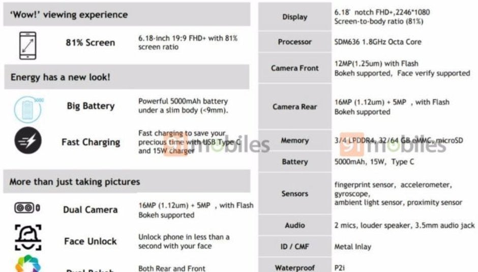 Motorola One Power official specs and feature list pop up alongside render