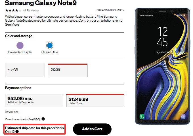 Ocean Blue Samsung Galaxy Note 9 512 GB backordered in the US