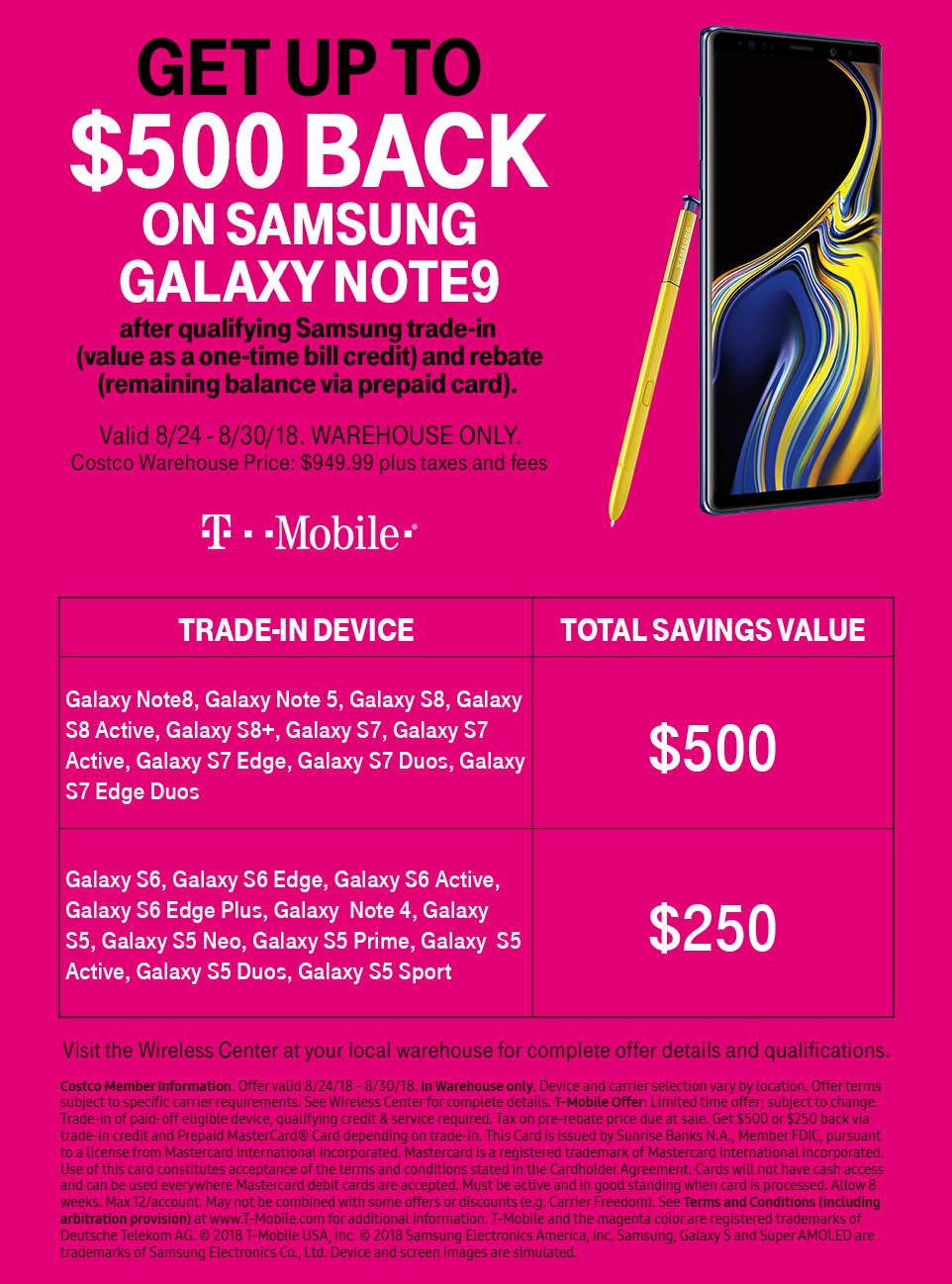 Get up to $500 in one lump sum when you buy the Samsung Galaxy Note 9 at Costco with a specified trade-in - Buy the T-Mobile Samsung Galaxy Note 9 from Costco and get up to $500 back with trade