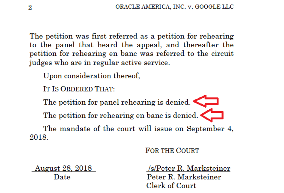 U.S. Federal appeals court denies Google&#039;s request for a rehearing in front of a panel and en banc - Federal appeals court refuses to hear Google&#039;s appeal in Oracle suit over Java APIs