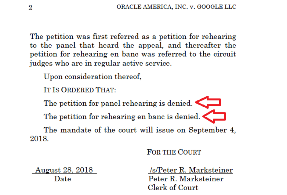 U.S. Federal appeals court denies Google's request for a rehearing in front of a panel and en banc - Federal appeals court refuses to hear Google's appeal in Oracle suit over Java APIs