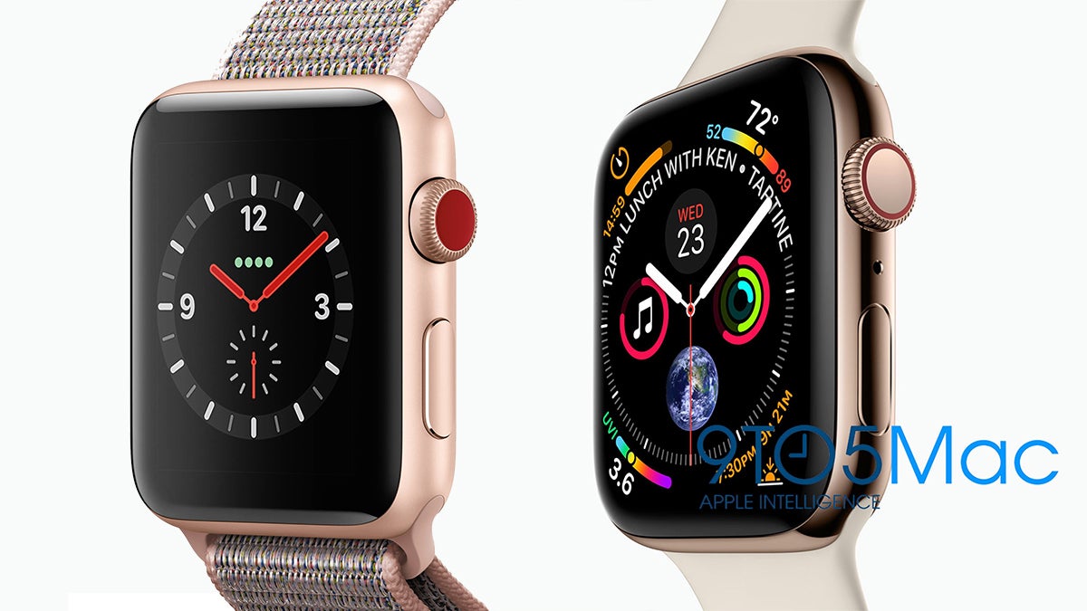 Apple Watch Series 3 vs Series 4 &ndash; notice how different the Crowns and Side buttons look. There's also a second microphone on the Series 4 - Apple Watch Series 4 leak reveals exciting new features coming to the smartwatch