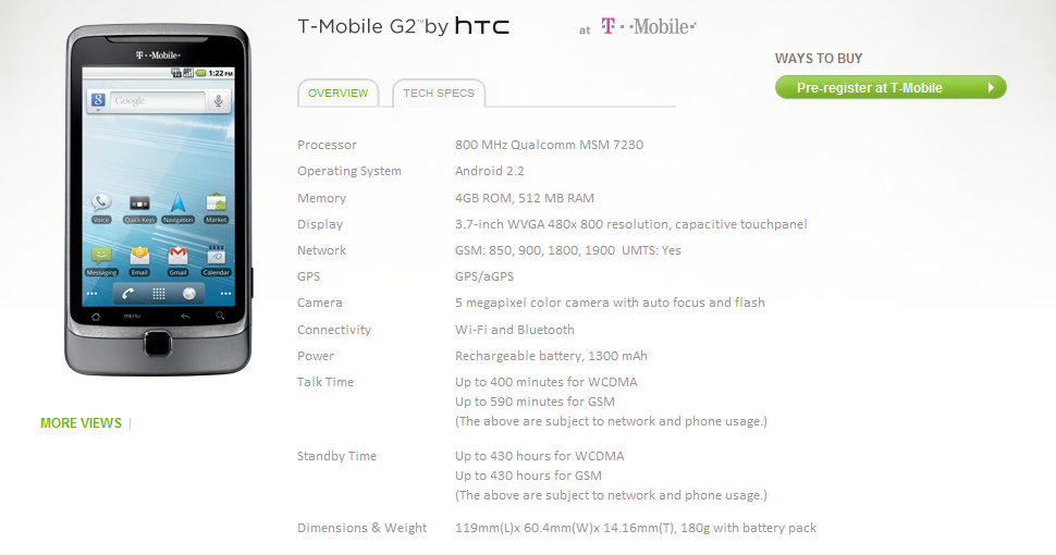 Final T-Mobile G2 specs are revealed by HTC on its web site
