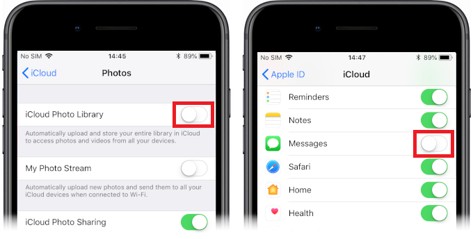 The toggles for iCloud Photo Library and Messages in iCloud - How to back up an iPhone