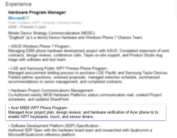 Microsoft engineer&#039;s profile hints at an Acer device with Windows Phone 7