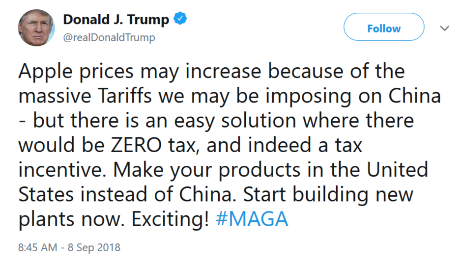 The president tells Apple how it can avoid tariffs - Trump tweets: Apple can avoid tariffs by moving jobs to the U.S.