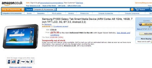 Amazon U.K. has Samsung Galaxy Tab for sale, priced well above iPad