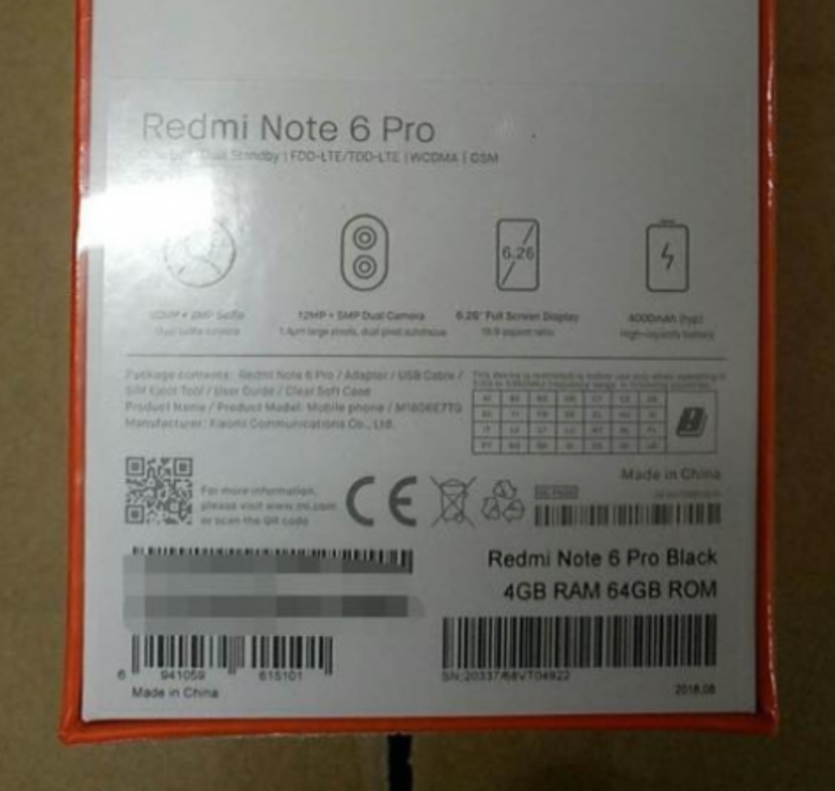 Part of the retail box for the Xiaomi Redmi Note 6 Pro leaks, revealing some of the phone&#039;s specs - Live photo leak reveals partial specs of the Xiaomi Redmi Note 6 Pro