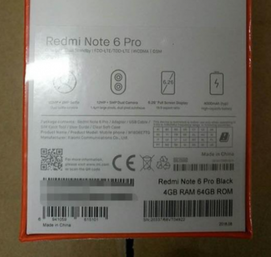 Part of the retail box for the Xiaomi Redmi Note 6 Pro leaks, revealing some of the phone's specs - Live photo leak reveals partial specs of the Xiaomi Redmi Note 6 Pro