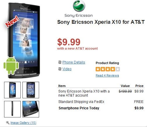 Sony Ericsson Xperia X10 also claims the $9.99 price mark with a contract