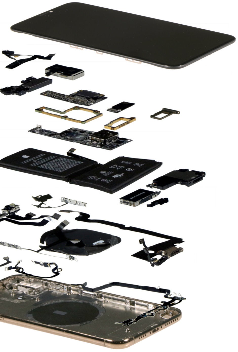 An iPhone XS Max in 'exploded' view - The ultimate iPhone XS Max teardown reveals it costs $20 more to make than... iPhone X