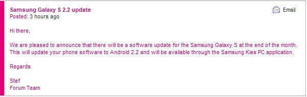 T-Mobile UK promises to have Froyo for the Samsung Galaxy S by the end of the month