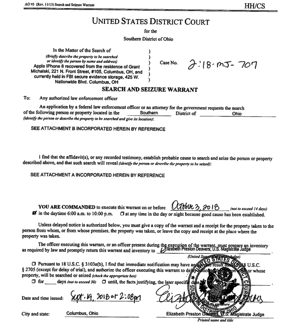 The search warrant obtained by the FBI for Grant Michalski allowed agents to use Face ID to open his Apple iPhone X - FBI forces suspect to unlock his Apple iPhone X using Face ID