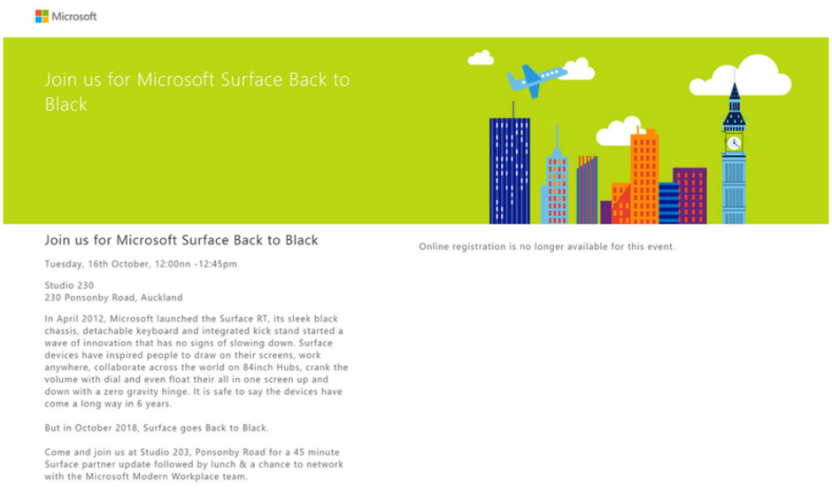 Listing for Microsoft&#039;s Surface event in New Zealand later this month hints at a Black colored Surface Pro 6 - Listing hints that a Black Surface Pro 6 will be unveiled tomorrow