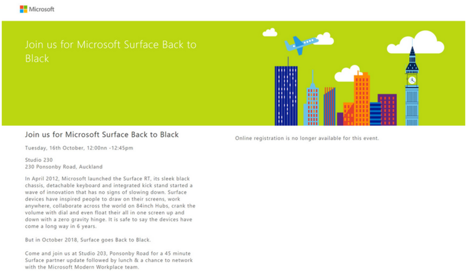 Listing for Microsoft's Surface event in New Zealand later this month hints at a Black colored Surface Pro 6 - Listing hints that a Black Surface Pro 6 will be unveiled tomorrow