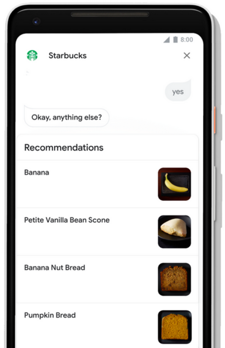 With the redesign to Google Assistant, larger photos show recommended menu items at Starbuck - Google Assistant redesign adds larger visual content, more interactive controls