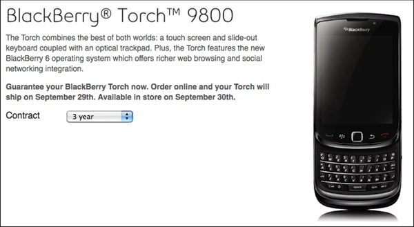 Bell is now offering pre-orders for the BlackBerry Torch; will ship on September 29th