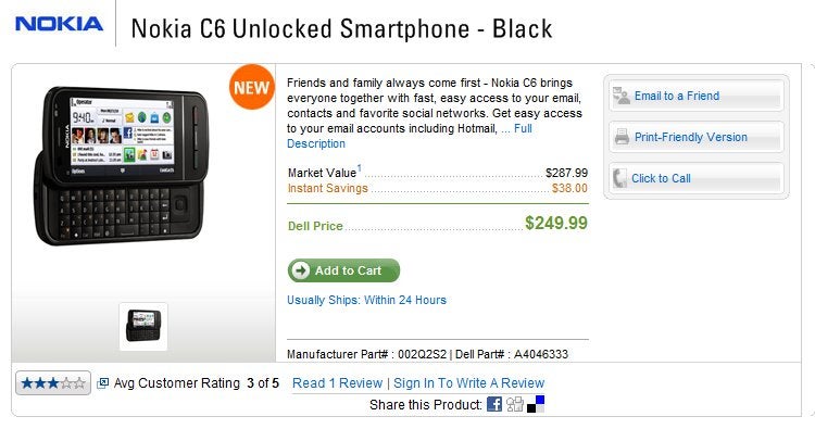 Unlocked Nokia C6-00 is selling for $249 no-contract through Dell