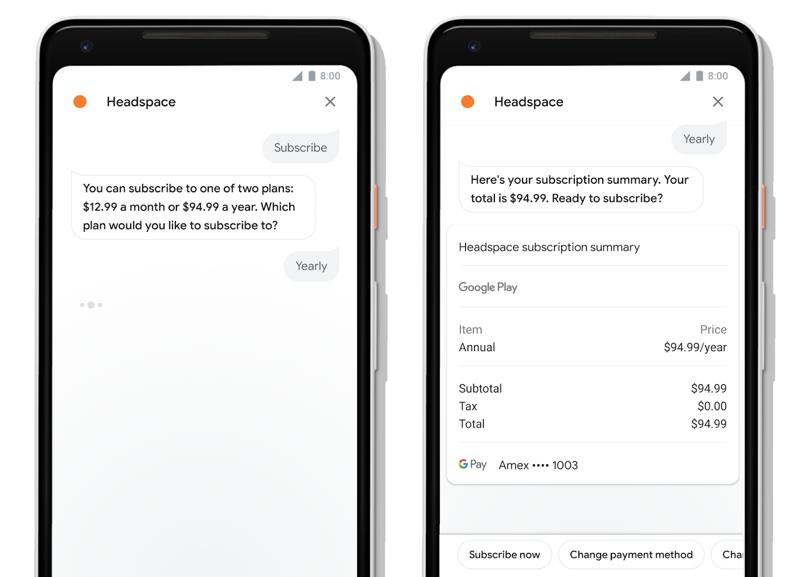 Using Google Assistant to purchase a yearly Headspace subscription - Google Assistant now lets you make in-app purchases using only your voice