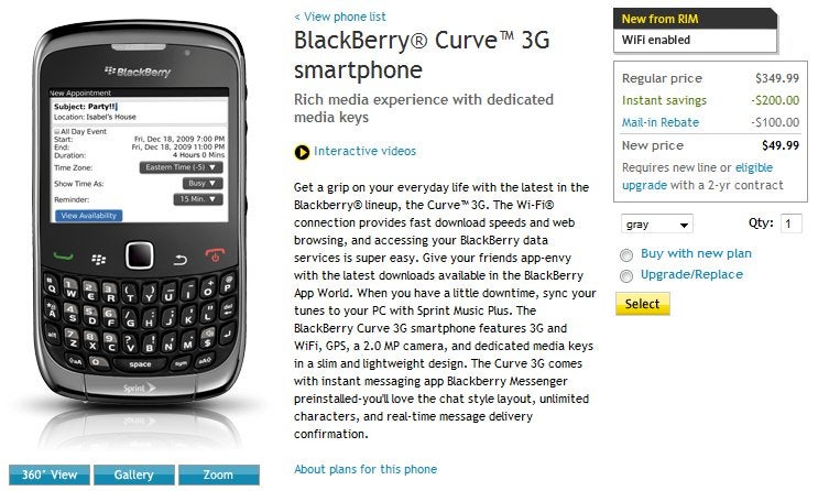 BlackBerry Curve 3G now on sale through Sprint for $49.99 on-contract
