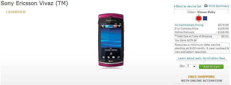 AT&amp;T drops the price of the HD equipped Sony Ericsson Vivaz to $0.01
