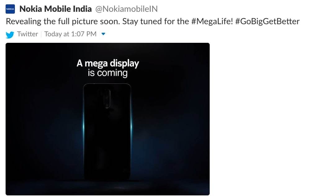 A screenshot of Nokia India's deleted tweet - Nokia teases something with a "mega display", could it be the Nokia 7.1 Plus?