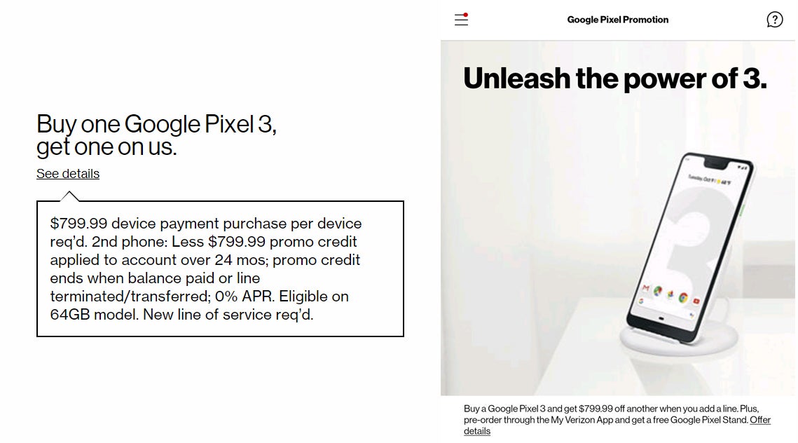 Left &ndash; disclaimer for the Pixel 3 BoGo deal from Verizon's website. Right &ndash; screenshot from the My Verizon showing a promotion for a free wireless charging stand when pre-ordering the Pixel 3 - Verizon leaks Google Pixel 3 pricing ahead of launch