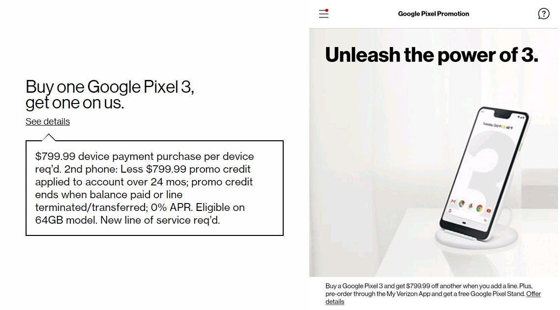 Left &amp;ndash; disclaimer for the Pixel 3 BoGo deal from Verizon&#039;s website. Right &amp;ndash; screenshot from the My Verizon showing a promotion for a free wireless charging stand when pre-ordering the Pixel 3 - Verizon leaks Google Pixel 3 pricing ahead of launch