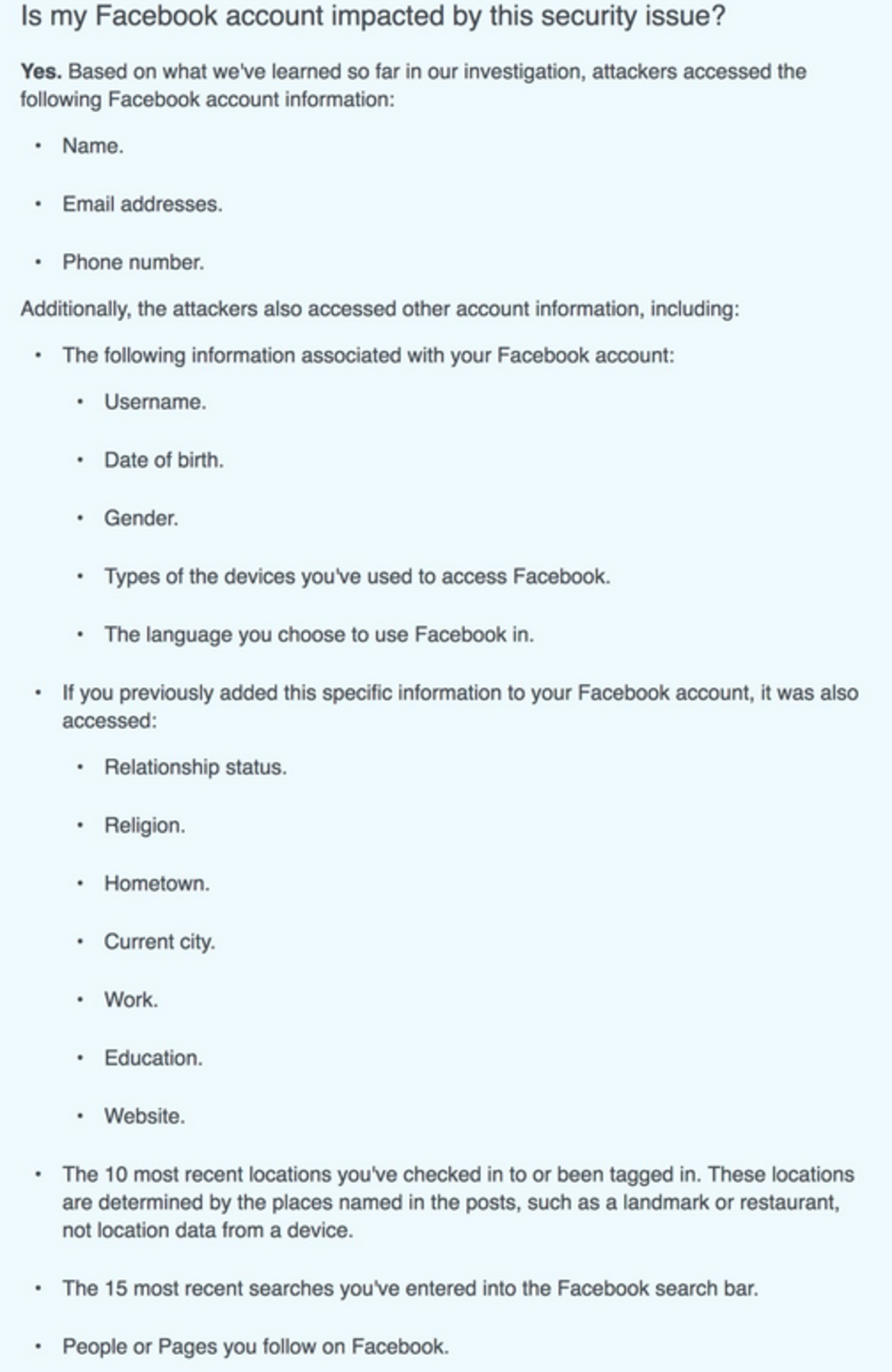 If your personal information was compromised on Facebook, you will see the above note in the Facebook help center - 30 million Facebook users have personal data accessed by hackers
