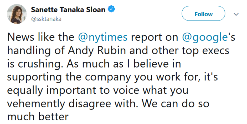 Google employee criticizes how the company's handled reports of sexual misconduct alleged against a trio of executives including Android creator Andy Rubin - Google employees upset that the company "protected" Andy Rubin