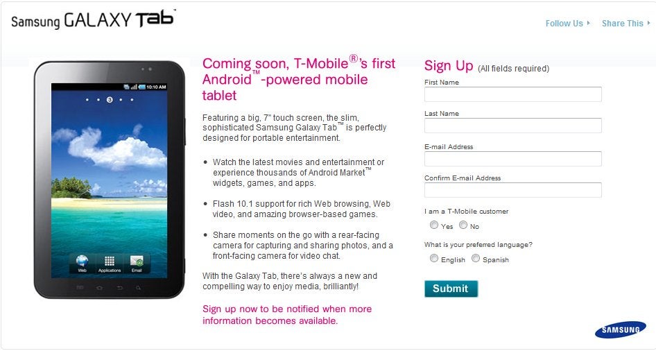 Sign up page allows you to get upcoming details about T-Mobile's Samsung Galaxy Tab