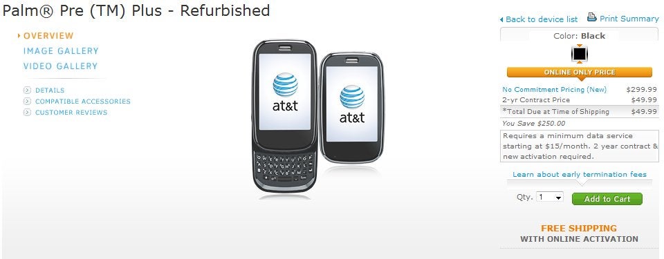 Refurbished AT&T Palm Pre Plus is going for $49.99 on-contract