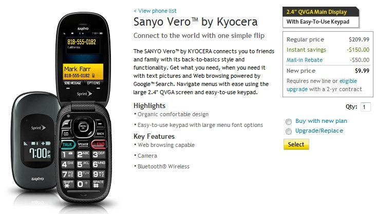 Sprint's Sanyo Vero is now on sale for $9.99 with a contract
