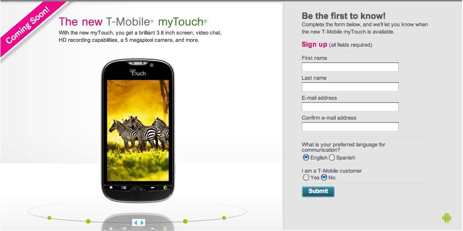 Official sign up page for updates on the T-Mobile myTouch goes live