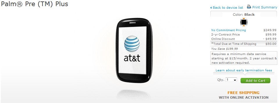 AT&T follows suit by pricing the Palm Pre Plus at $50 with a contract