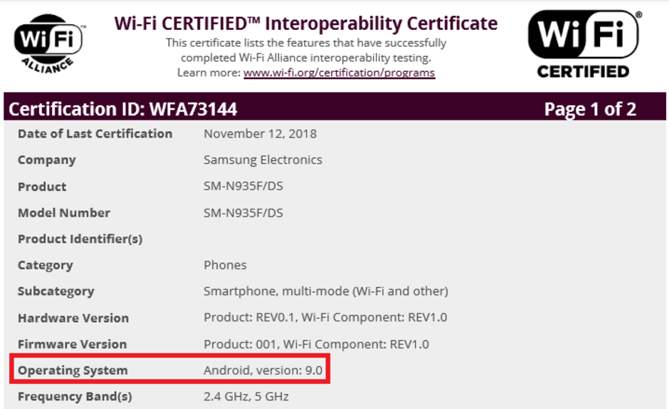 Wi-Fi certification for the Samsung Galaxy Note 7 FE powered by Android 9 - Wi-Fi certification shows that Samsung might update Galaxy Note 7 Fan Edition to Android 9 Pie