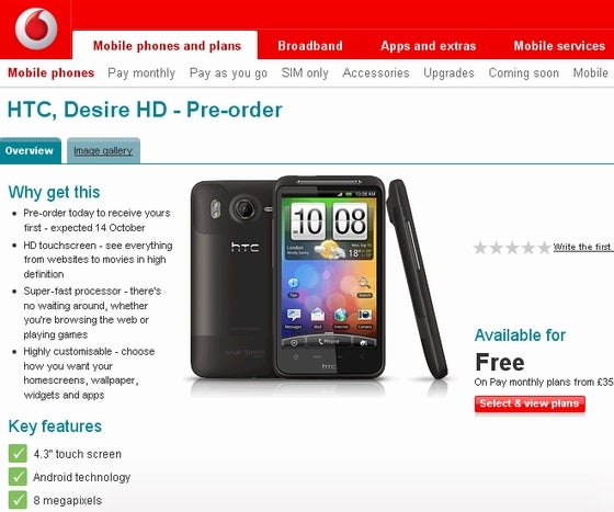 Vodafone UK is now readily accepting pre-orders for the HTC Desire HD