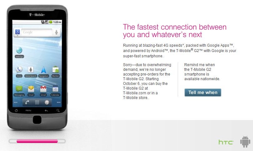 T-Mobile shuts down pre-orders for the G2 due to "overwhelming demand"