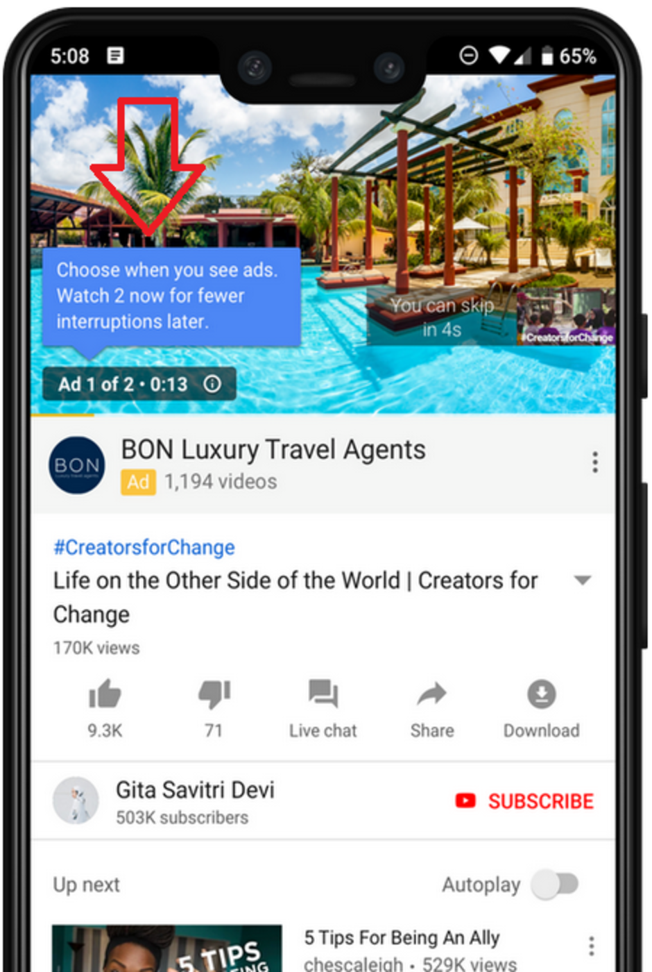 Example of an ad pod that gives a YouTube viewer the option to see two back to back ads now, or face more interruptions later - YouTube tests back-to-back skippable ads that reduce interruptions later in the viewing session